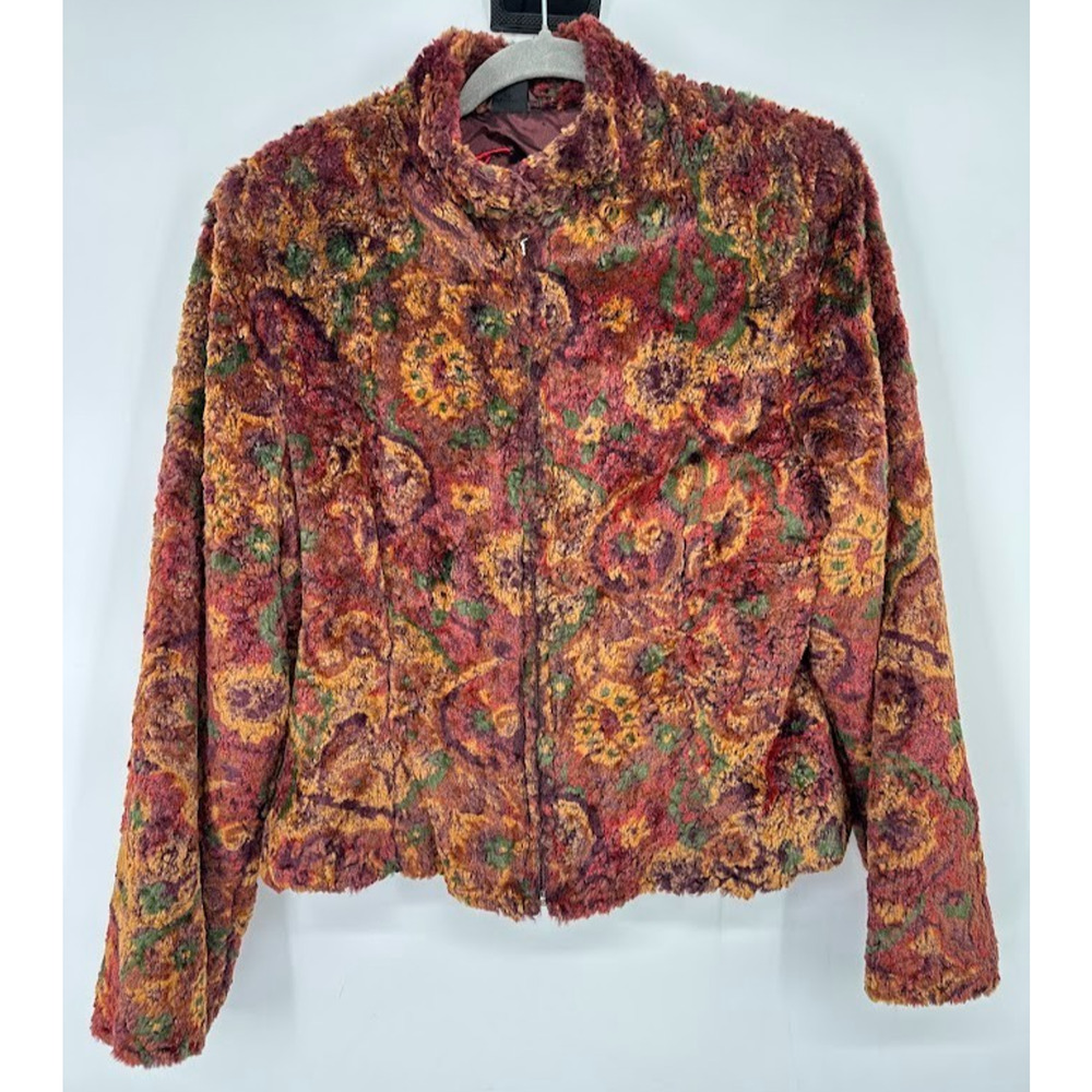 Tsunami Faux Fur Zip Jacket‎ Coat Women’s Large Multicolor Boho Artsy Hippie